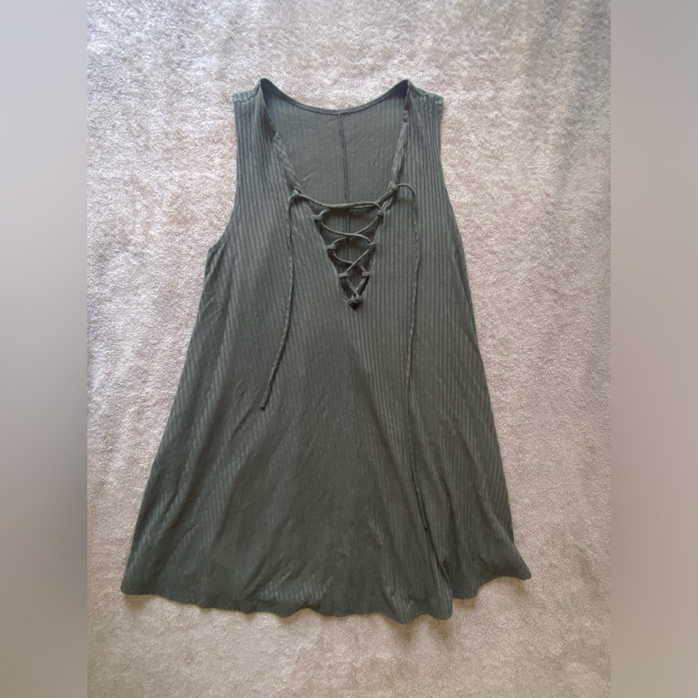 Sleeveless Lace-Up Olive Green Flowy Dress